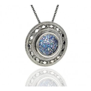 Round Sterling Silver Pendant with Roman Glass & Filigree Rafael Jewelry Designer Rafael Jewelry