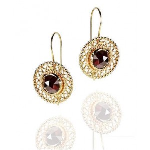 Rafael Jewelry Designer Round 14k Yellow Gold Earrings with Garnet Jewish Jewelry