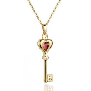 14k Yellow Gold Key Pendant with Garnet Stone Rafael Jewelry Designer Jewish Jewelry