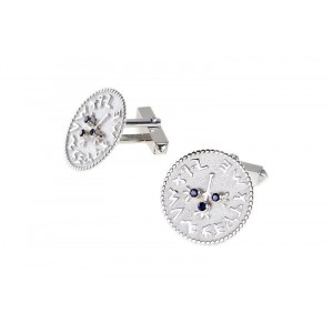 Silver Shekel Cufflinks with Holy Jerusalem Engraving in Ancient Hebrew & Sapphire by Rafael Jewelry Cuff Links