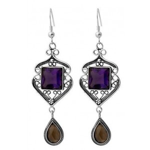Sterling Silver Earrings with Amethyst & Smoky Quartz by Rafael Jewelry
