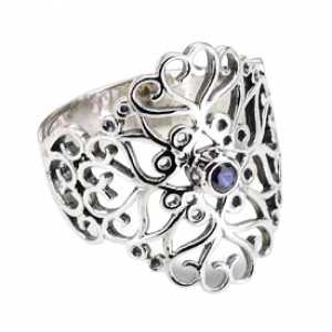 Rafael Jewelry Sterling Silver Ring with Sapphire in Heart Cutouts Jewish Jewelry