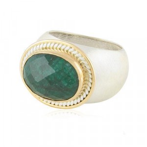 Rafael Jewelry Sterling Silver Ring with 9k Yellow Gold and Emerald Stone Jewish Jewelry