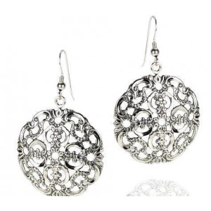 Round Earrings in Sterling Silver with Floral Motif Rafael Jewelry Israeli Jewelry Designers