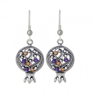 Sterling Silver Pomegranate Earrings with Gemstones by Rafael Jewelry Israeli Earrings