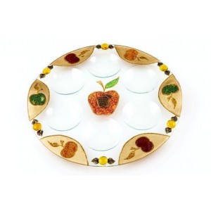 Rosh Hashanah Seder Plate with Apple Motif in Glass Rosh Hashanah Gift Baskets & Honey
