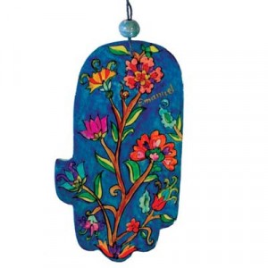 Yair Emanuel Blue Wood Painted Hamsa with Flowers Design Large Artists & Brands
