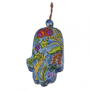 Yair Emanuel Small Hand-Painted  The Seven Species Image Hamsa on Wood Artists & Brands