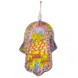 Painted Glass Hamsa with a Scene of Jerusalem by Yair Emanuel Artists & Brands