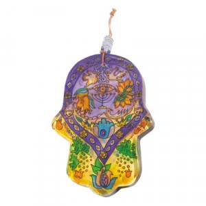 Painted Glass Hamsa by Yair Emanuel with a Menorah Jewish Home