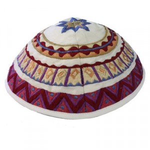 Yair Emanuel White and Magenta Patterned Machine Embroidered Kippah Judaica