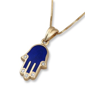 14K Gold Hamsa Pendant with Blue Enamel and Diamonds Jewish Jewelry