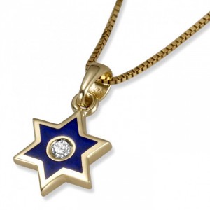 14K Yellow Gold Star of David Pendant Featuring Diamond and Blue Enamel Star of David Jewelry