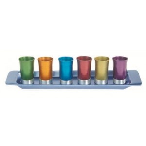 Set of 6 Yair Emanuel Multicolored Anodized Aluminium Cups with Tray Kiddush Cups