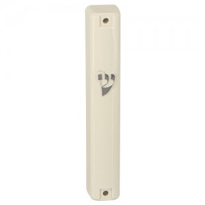 Beige Plastic Mezuzah with Silver Shin and Rubber Plugs Judaica