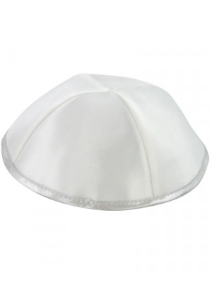 White Satin Kippah with Four Sections and Silver Rim (17cm) Judaica