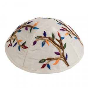 Colorful Tree Embroidery on White Kippah by Yair Emanuel Kippot