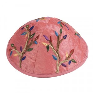 Yair Emanuel Pink Kippah with Colorful Tree Embroidery Kippot