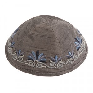 Kipah Yair Emanuel with Date Palm Embroidery in Gray and Blue Kippot