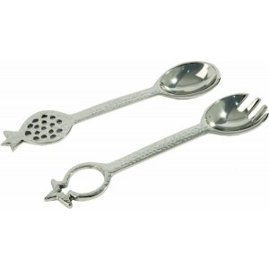 Yair Emanuel Nickel Spoon Set with Hammered Pattern and Pomegranates Jewish Kitchen & Tableware