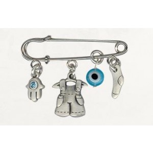 Baby Diaper Pin with Silver Clothing and Hamsa Charms and Swarovski Crystals Jewish Jewelry