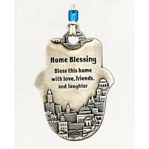 Silver Hamsa Home Blessing with English Text and Sweeping Jerusalem Panorama Hamsa