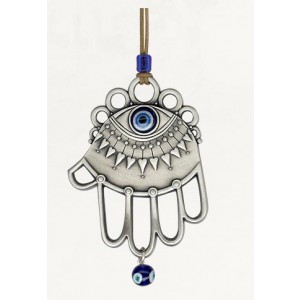 Silver Hamsa Wall Hanging with Modern Evil Eye Design and Hanging Bead Jewish Home