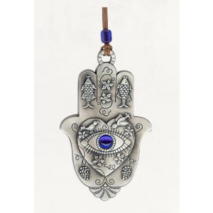 Silver Hamsa with Large Eye, Grapevines, Fish and Doves! Jewish Home