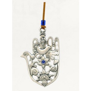 Silver Hamsa with Traditional Symbols and Single Swarovski Crystal Jewish Home Decor