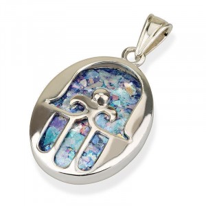 Silver Hamsa Pendant with Roman Glass Jewish Jewelry