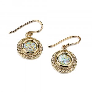 Earrings with Wavy Cord and Roman Glass in 14k Yellow Gold Jewish Jewelry