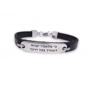 Leather Bracelet with Angel Blessing in Sterling Silver Jewish Jewelry