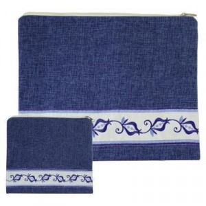 Tallit & Tefillin Bags Set in Blue Linen with Pomegranates Tallit Bags