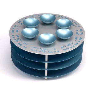 Teal Aluminum Seder Plate with Matzah Plates, Hebrew Text and Six Bowls Passover Gifts
