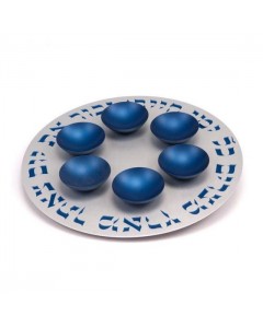 Blue Aluminum Seder Plate with Hebrew Text and Six Bowls Modern Judaica