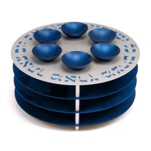 Blue Aluminum Seder Plate with Matzah Plates, Hebrew Text and Six Bowls Modern Judaica