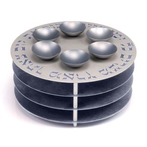 Grey Aluminum Seder Plate with Matzah Plates, Hebrew Text and Six Bowls Jewish Occasions