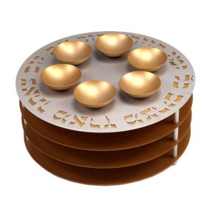 Gold Aluminum Seder Plate with Matzah Plates, Hebrew Text and Six Bowls Modern Judaica