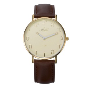 Brown Leather Aleph-Bet Watch - Cream and Gold Face by Adi (Large) Jewish Accessories