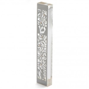 Stainless Steel and Plexiglas Mezuzah with Cutout Shin and Flowers Artists & Brands