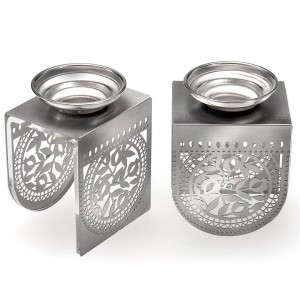 Dorit Judaica Stainless Steel Candlesticks With Laser-Cut Pomegranate Design Candle Holders