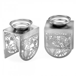 Dorit Judaica Stainless Steel Candlesticks With Laser-Cut Seven Species Design Candle Holders & Candles