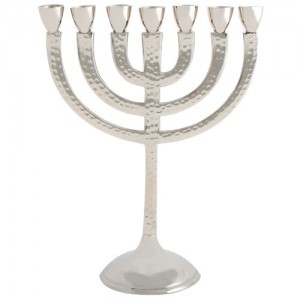 Elegant Seven-Branched Aluminum Menorah With Hammered Finish Menorahs & Hanukkah Candles