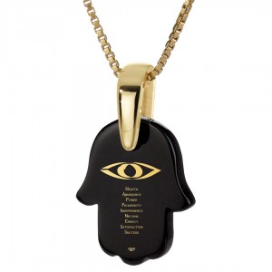 Gold Plated Onyx Stone Necklace with Evil Eye & Positivity Hamsa Design  Bat Mitzvah Jewelry