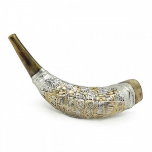 Polished Ram's Horn with Silver Sleeve in Jerusalem Design by Barsheshet-Ribak  Shofars