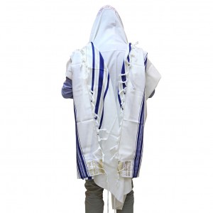 Traditional Wool Tallit – Blue with Gold Stripes Tallitot