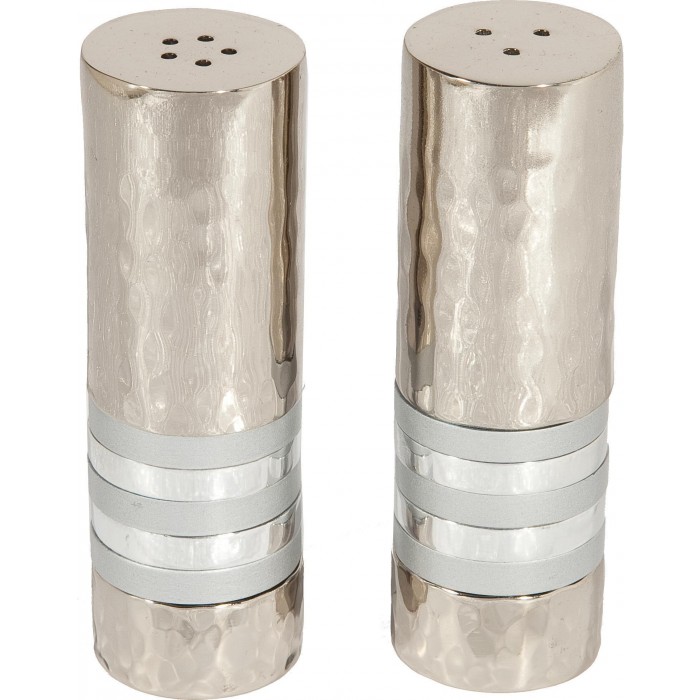 Nickel Salt & Pepper Shaker with Hammer Texture & White Rings by Yair Emanuel