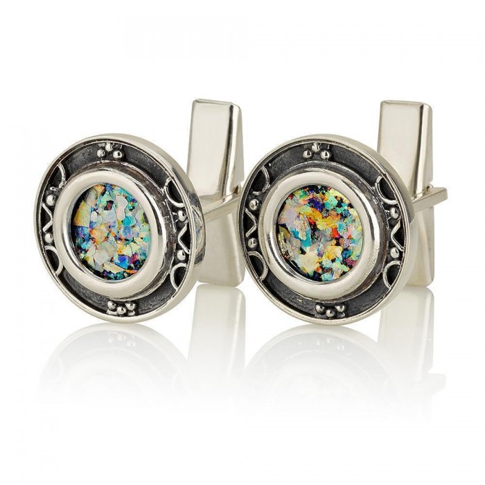 Round and Enameled Roman Glass Cufflinks in 925 Sterling Silver by Ben Jewelry
