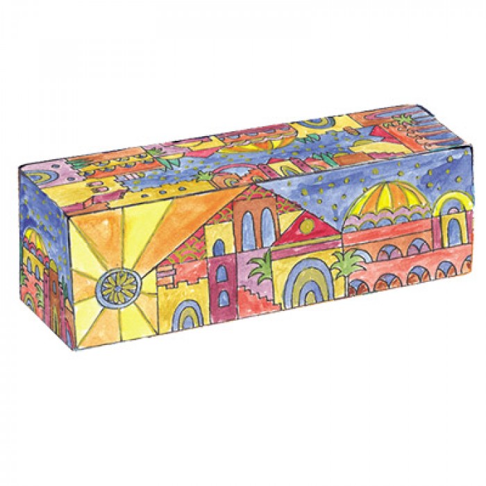 Yair Emanuel Multicolour Compact Travel Menorah with a Scene of Jerusalem in Wood