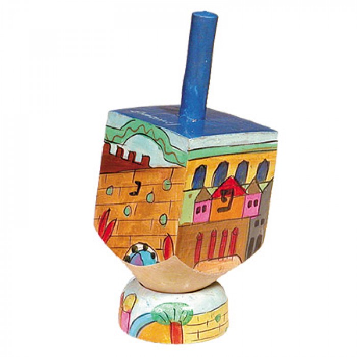 Yair Emanuel Small Wooden Dreidel with Western wall/Jerusalem Design and Stand